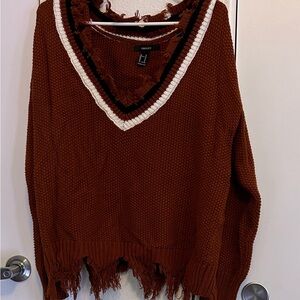 Brown V-Neck Sweater with Distressed Hem